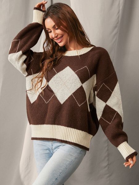 

luukse argyle pattern drop shoulder sweater q3ub#, White;black