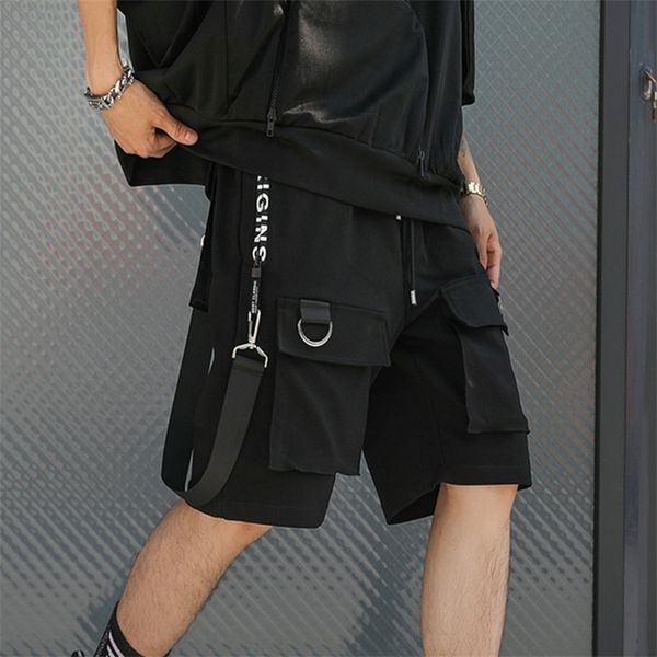 

hip hop summer shorts men black ribbons streetwear bermuda man multi pocket punk casual knee length short pants 220621, White;black