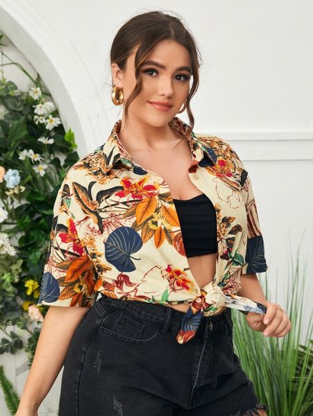 

plus tropical print blouse 30b7#, Black