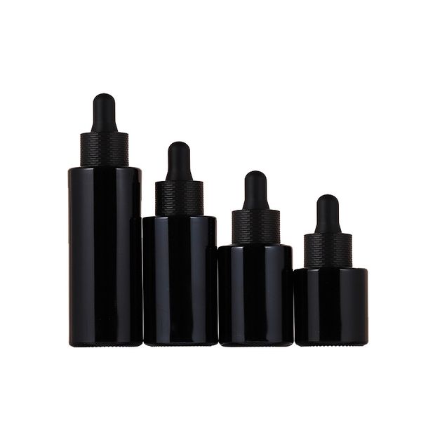 Flacone contagocce in vetro nero lucido da 30 ml 1 oz bottiglia di profumo di olio essenziale a spalla piatta con tappo pipetta reagente oro bianco-nero argento oro rosa