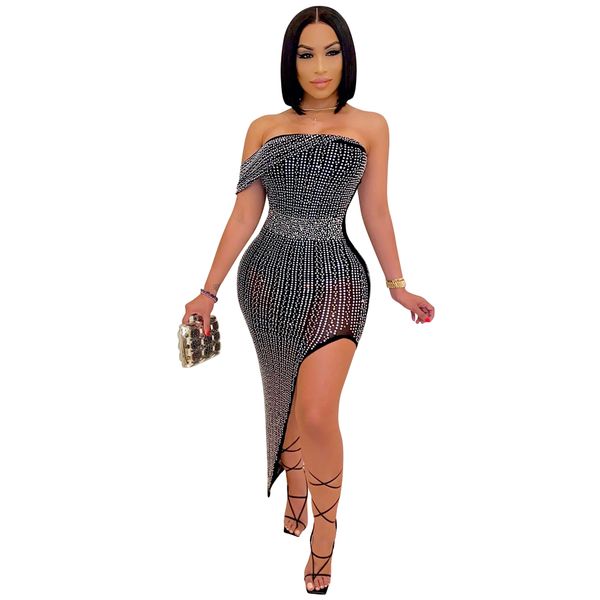 

evening dress diamond mesh wrapped irregular women's dress, Black;gray