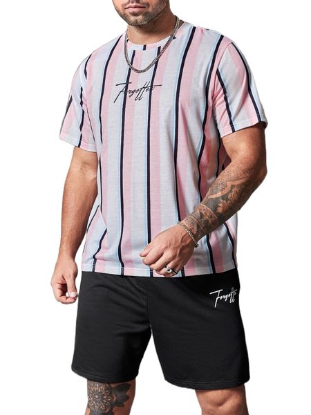 

extended sizes men striped & letter graphic tee & shorts y10s#, Gray
