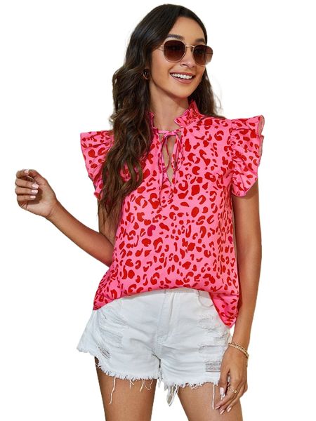 

leopard print frilled tie neck 21wt#, White