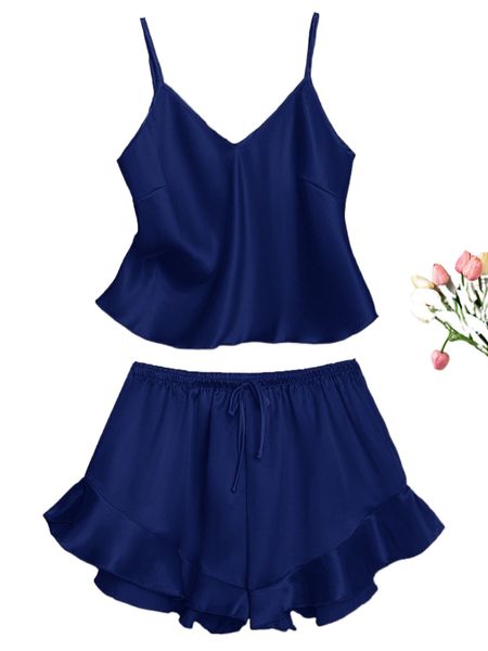 

ruffle hem satin pj set i5uf#, Black;red