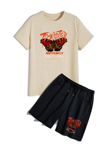 

romwe guys letter butterfly graphic tee & drawstring shorts j2xi#, Gray