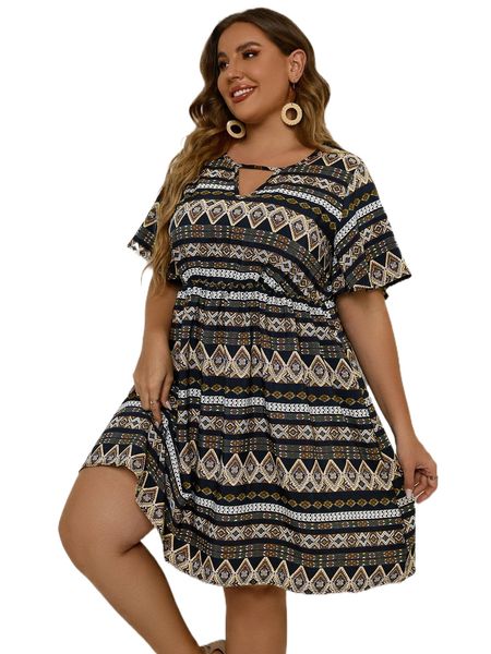 

plus geo print keyhole neckline butterfly sleeve dress a4qv#, Black
