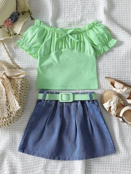 

toddler girls bow front tee with belted denim shorts she, White