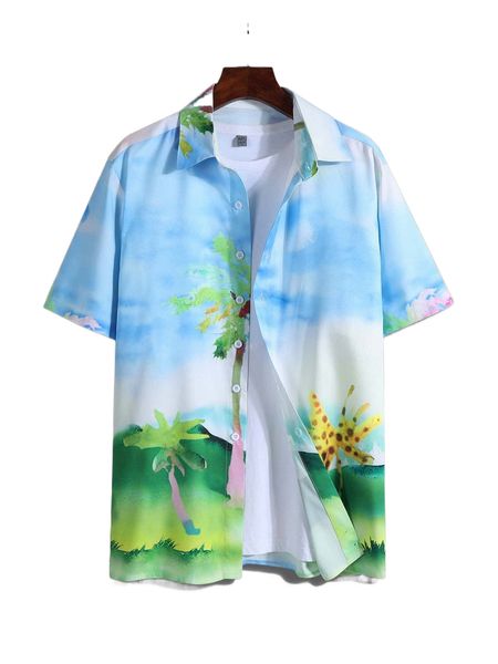 

men 1pc random tropical print shirt 495v#, White;black