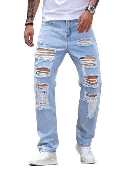 

men ripped straight leg jeans m2sc#, Blue