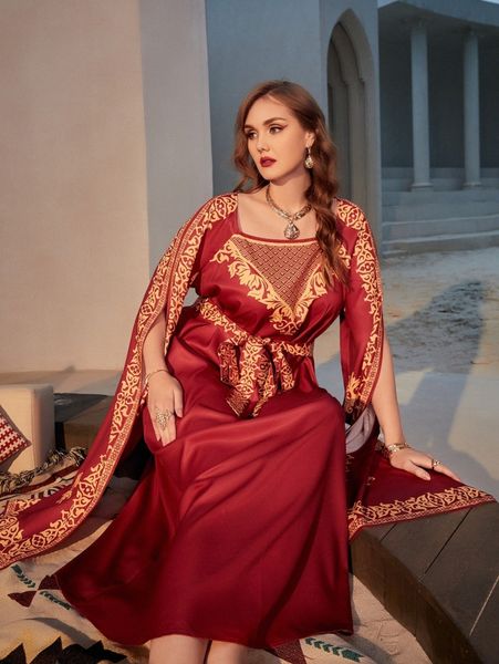 

plus baroque print split sleeve belted dress l0y2#, Black