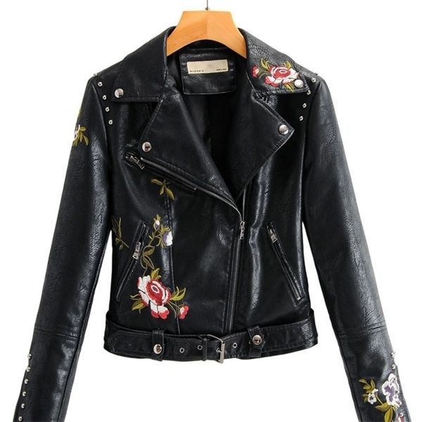 

arrival autumn fashion women embroidery pu leather jacket chic rivets with belt biker jackets zippers ladies coats outerwear 201224, Black