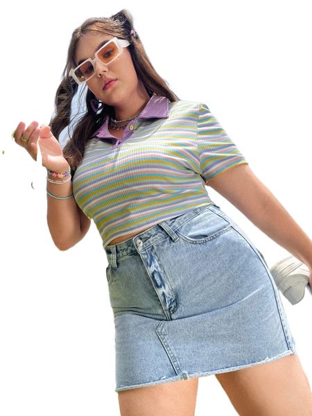 

plus striped print polo neck crop tee l0rk#, Black