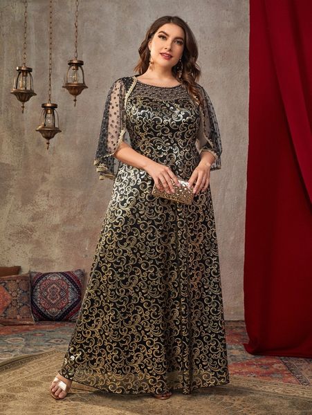 

plus allover print contrast mesh pearls beaded maxi dress b62n#, Black