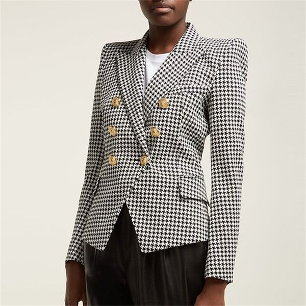 

high street stylish runway womens double breasted lion buttons houndstooth career blazer jacket y201026, White;black