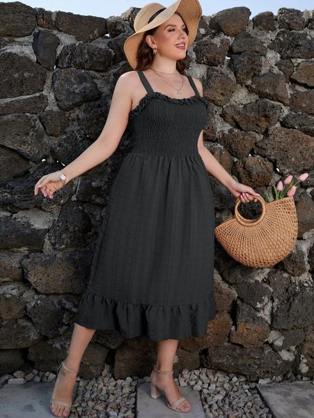 

plus shirred ruffle hem textured cami dress m0hj#, Black