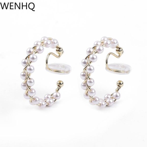 

clip-on & screw back wenhq korean japan style gold color c shape clip on hoop earrings non pierced cute for women faux pearl ear, Silver