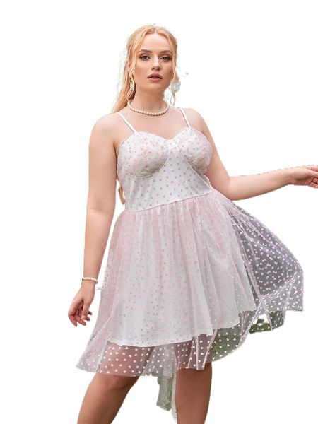 

plus heart print bustier mesh cami dress e83v#, Black