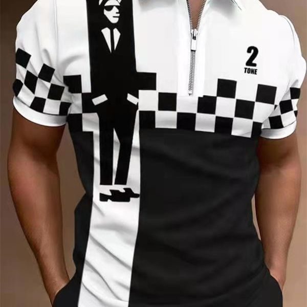 

shirt fashion striped patchwork short sleeve for men casual turn-down collar zip-up polo shirts summer men's slim polo 220706, White;black