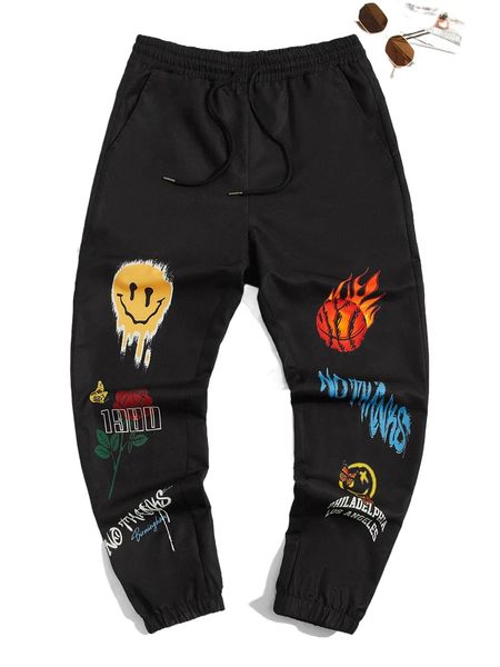

men high waist cartoon & letter graphic carrot pants m99n#, Black