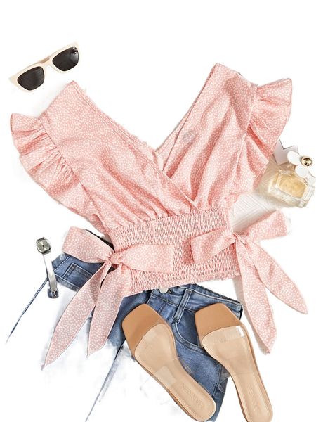 

ruffle armhole shirred hem allover print n16n#, White