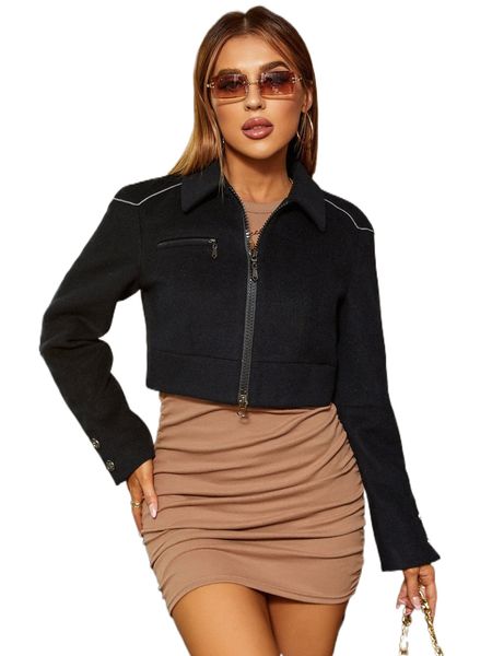 

miegofce stitching zipper front crop overcoat o8dw#, Black