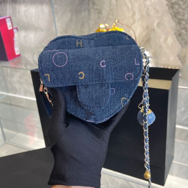 

womens blue denim graffiti heart flap bag letter badge canvas ball adjuster quilted leather chain shoulder crossbody classic designer girls