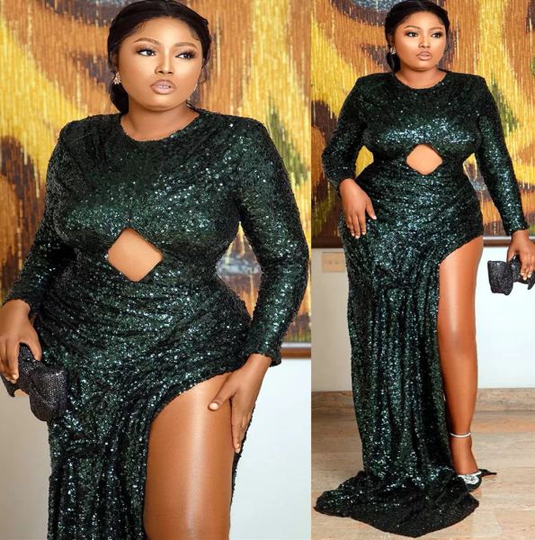 

2022 dark green prom dresses jewel neck sparkly sequins long sleeves side slit evening formal wear cocktail party gowns vestidos custom made, Black
