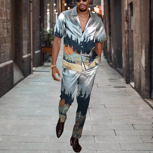 

tracksuits men casual two piece sets print shirts and long pant suit 2022 spring summer loose outfits streetwear, Gray