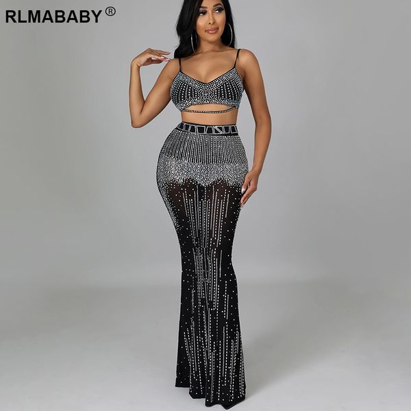

crop camis and high waist maxi skirts 2 piece set women night club party diamond transparent mesh female outfits suit, Black;gray