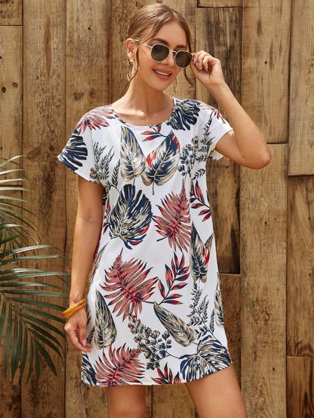 

tropical print tunic dress a3ct#, Black;gray