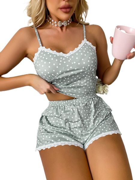 

polka dot lace trim pj set a61a#, Black;red