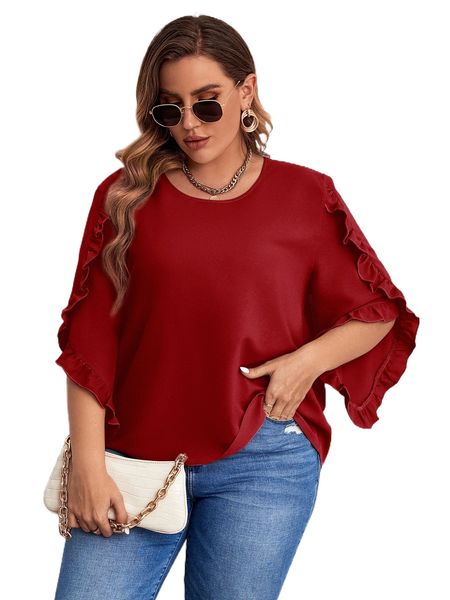 

plus ruffle trim petal sleeve blouse h152#, Black