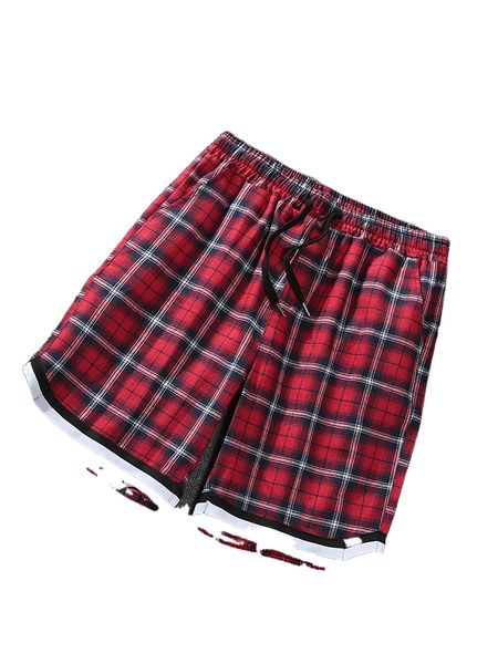 

men tartan striped trim drawstring waist shorts o2zh#, White;black