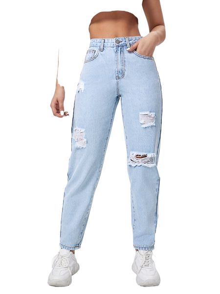 

high waist ripped tapered jeans i0y2#, Blue