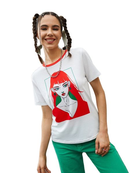 

x wadejpeg figure graphic contrast binding tee s8e9#, White