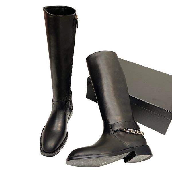 

classic womens chunky heel knight knee boots cowhide with zipper metal chain designer ankle boot white round toes rainboots fashion slipper, Black