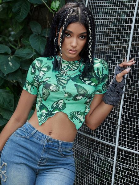 

butterfly print asymmetrical hem crop tee q5gr#, White