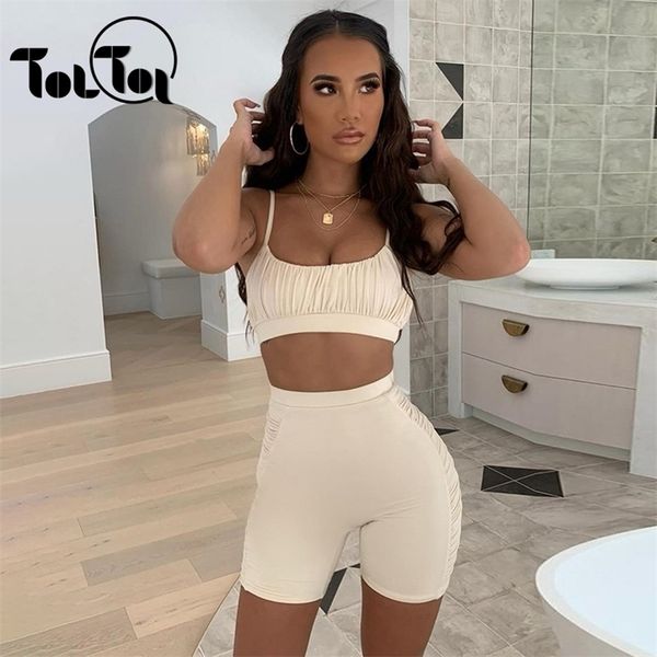 

casual two piece set double layers crop biker shorts 2 piece set women elastic matching solid sport suits t200610, Gray