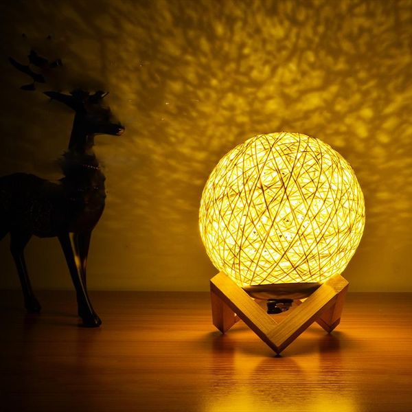 Lâmpadas de mesa Lâmpada de bola de vime de bambu Led Led Home Warm Light Bedroom Decorativo USB Controle remoto Litptável colorido