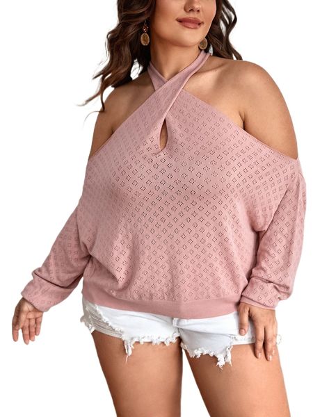 

plus crisscross cold shoulder dolman sleeve pointelle knit sweater d0iw#, Black