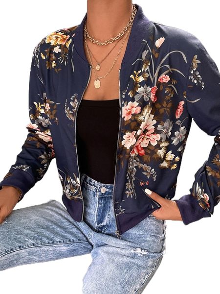 

floral print zipper bomber jacket h8zr#, Black;brown