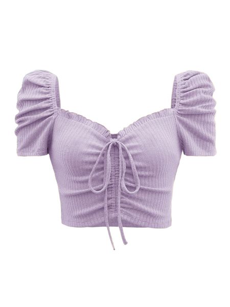 

puff sleeve frill trim drawstring ruched tee 44yt#, White