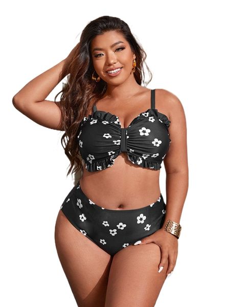 

plus floral print frilled tie back high waist bikini swimsuit s4zd#, White;black