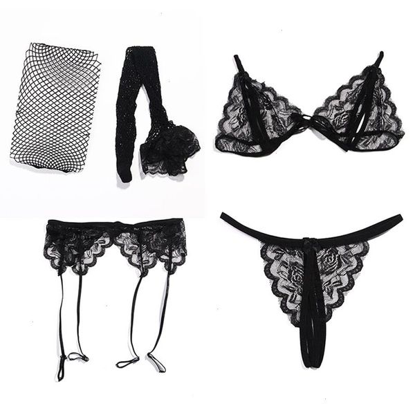 

4pcs set women lace net stockings amp garters g-string and bra lingerie sets deep v erotic bralette underwear, Red;black