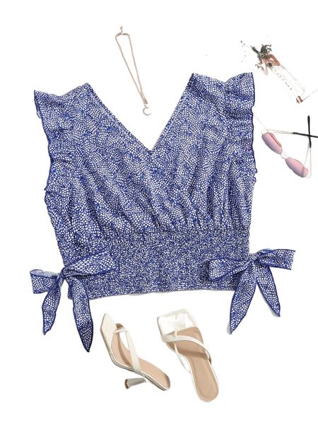 

plus allover print shirred knot side blouse n3re#, Black