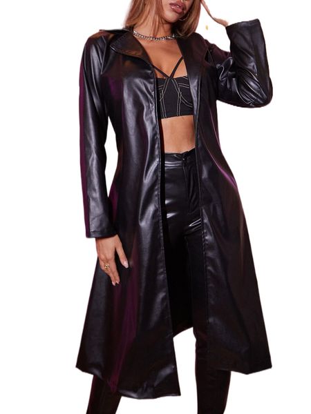 

apperloth a belted longline pu leather coat i35e#, Black