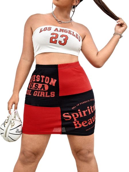 

plus two tone slogan graphic bodycon skirt t4le#, Black