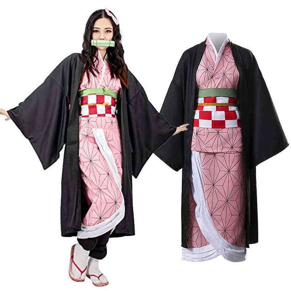 Dämon Slayer Kimetsu Nein Yaiba Cosplay Kostüme Kimono Kamado Nezuko Erwachsene Kind Perücke Anzug Halloween Anime Kostüm AA220324