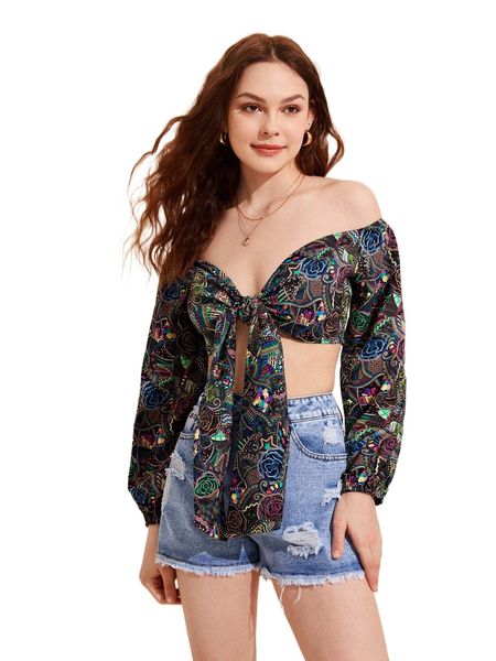 

x creative carrah floral & geo print knot front crop 07cd#, White
