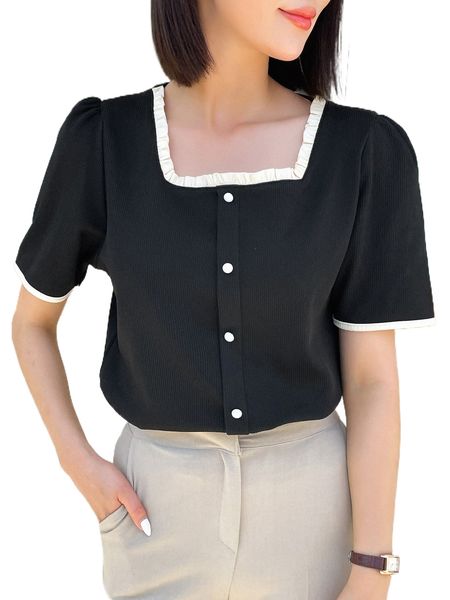 

dazy contrast binding frill trim square neck puff sleeve tee h1no#, White